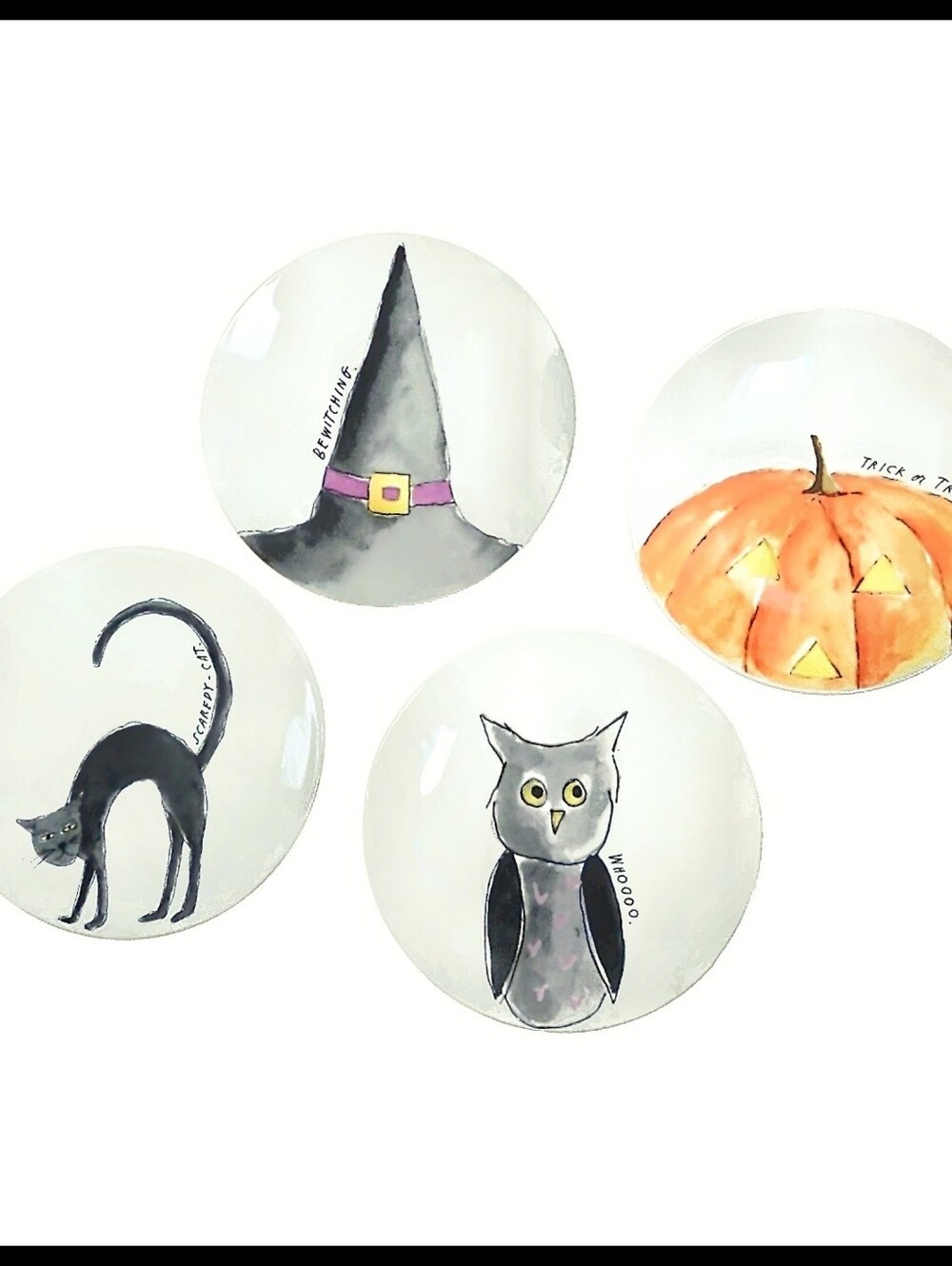 Rae Dunn Halloween 4 Plate Set Ceramic 6" Scaredy Cat Witch Hat Owl Pumpkin